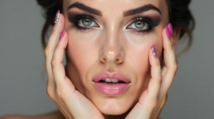 a white beautiful woman with perfectly done red acrylics, find the perfect nail glue for your press-ons