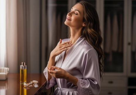 a pretty girl applying body oil in bath robe, is body oil good before or after lotion