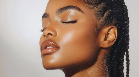 beautiful black woman with clear and glossy skin. Biggest K-Beauty Trend in 2026 of Glass Skin 2.0 and PDRN GLASS