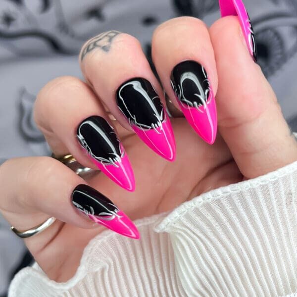 barbed-wire-nails-pink-black-french-soul-of-stevie-alt-goth-witchy-press-on-nails. Gothic Valentine's Day Nails Designs for Short Nails
