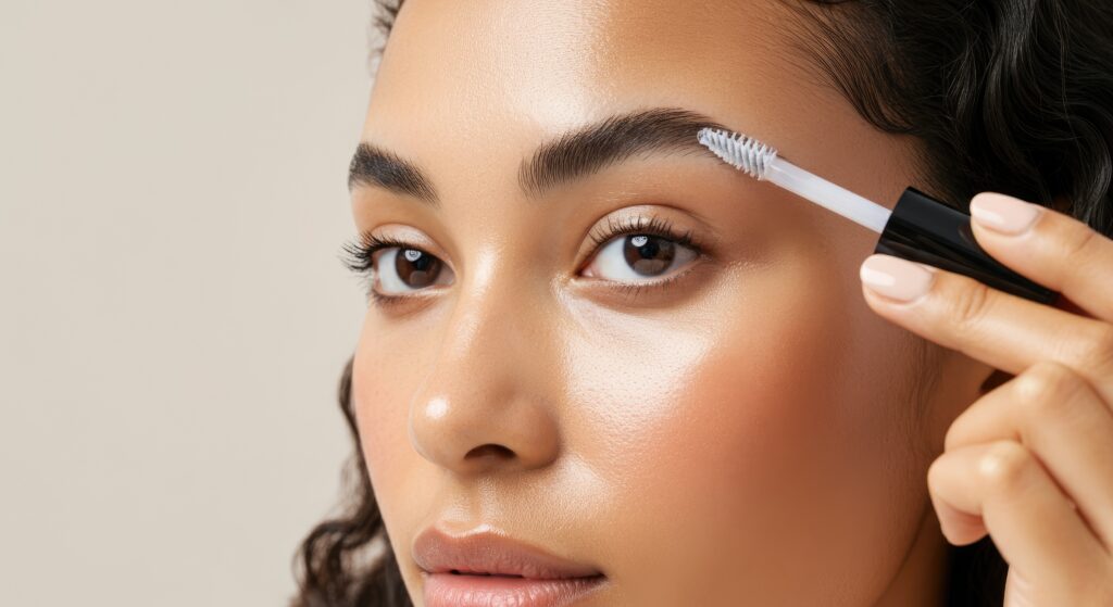 African American female using eyebrow brush, focus on face and makeup