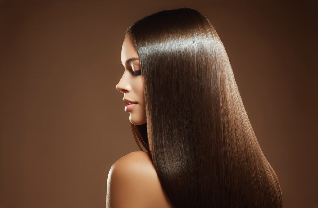 A woman poses gracefully with her profile visible, highlighting her long, glossy hair against a warm brown backdrop. Soft lighting enhances the elegance of the moment.