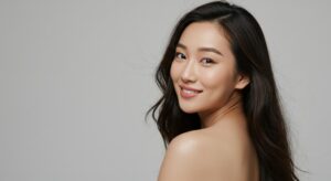 Portrait of smiling asian woman with long dark hair beauty and wellness. biggest k beauty trend in 2026 of glass skin 2.0 and PDRN glass