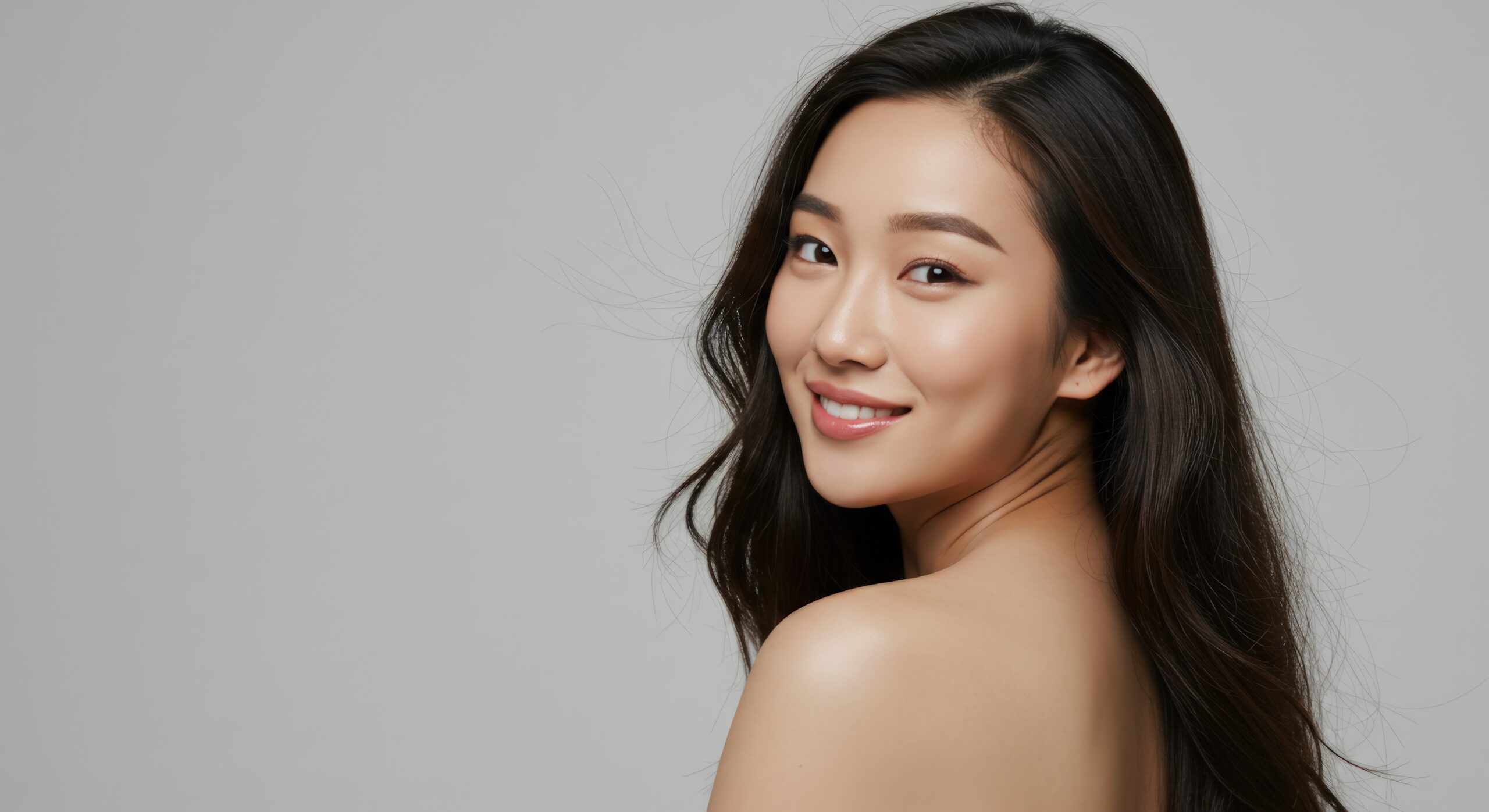 Portrait of smiling asian woman with long dark hair beauty and wellness. biggest k beauty trend in 2026 of glass skin 2.0 and PDRN glass