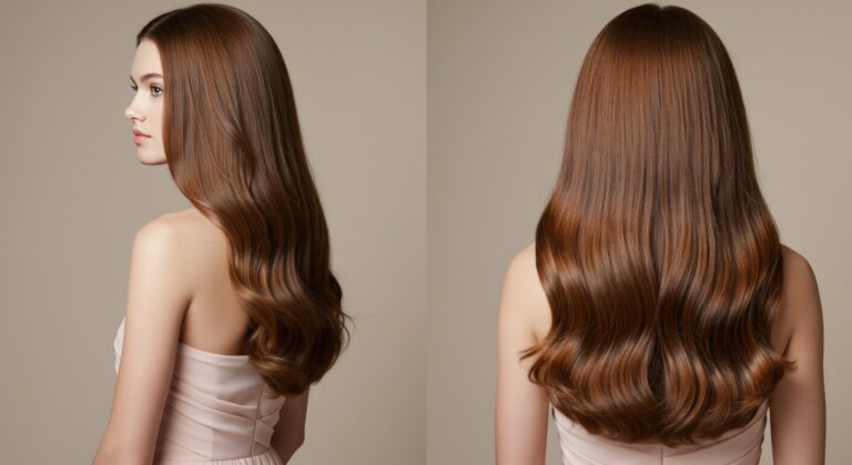 a woman with long and wavy hair with 70's look