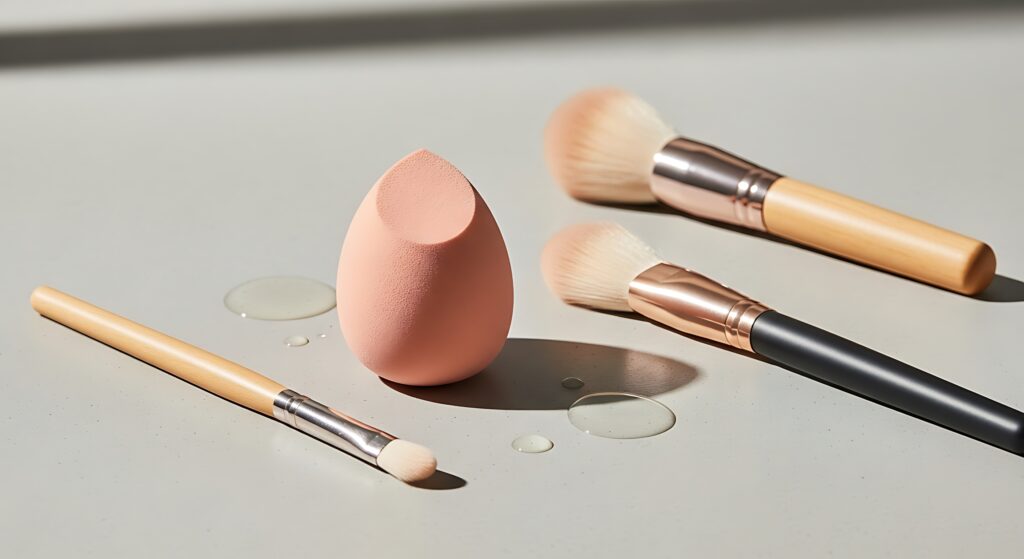Cosmetic makeup sponge and brushes with water droplets on a light surface create a clean, fresh, and professional beauty scene ideal for skincare and makeup marketing. using a makeup blender better than ordinary sponge