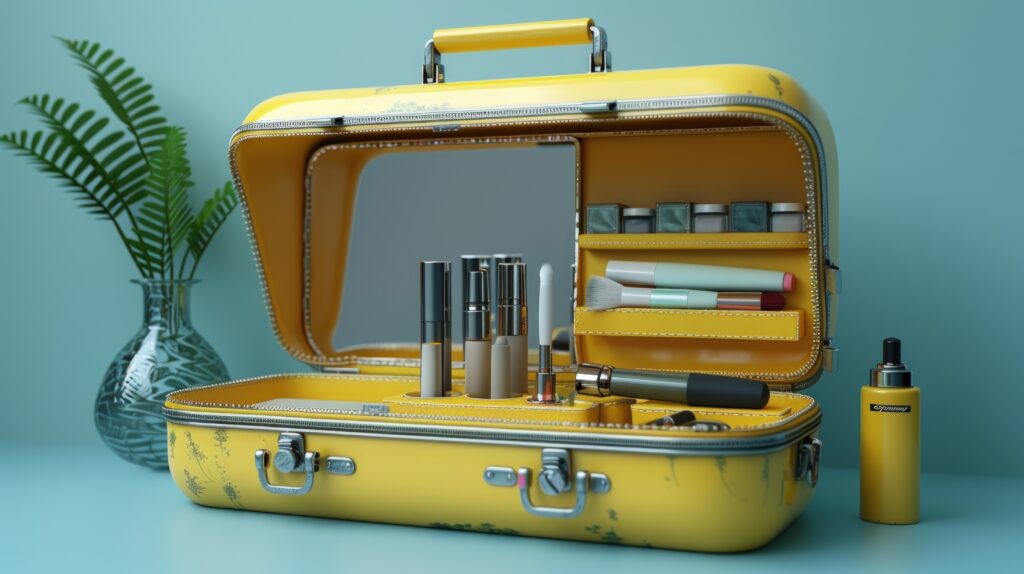 Yellow vanity case with open lid revealing makeup products and a mirror.