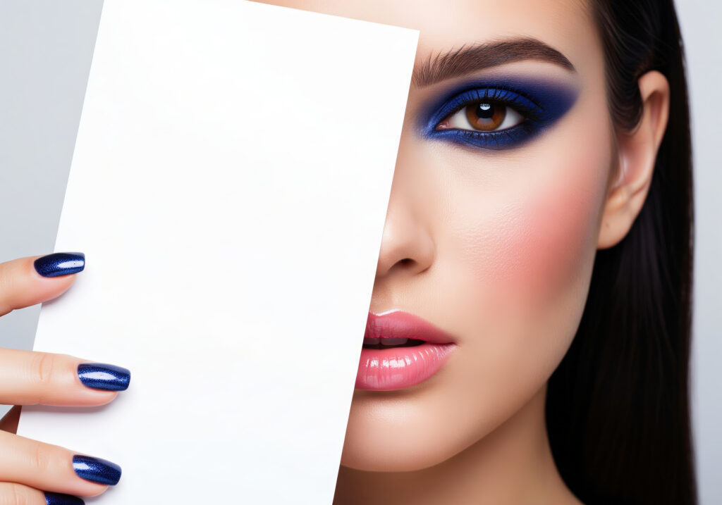 young-woman-with-dramatic-makeup-holding-a-blank-card-closeup_