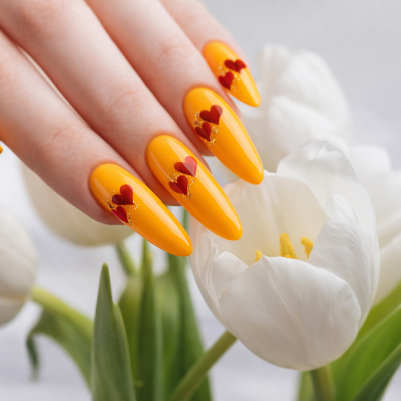 beautiful white woman hand with nail design in saffron and dark red, 2026 Spring Nail Colors for Brown Skin
