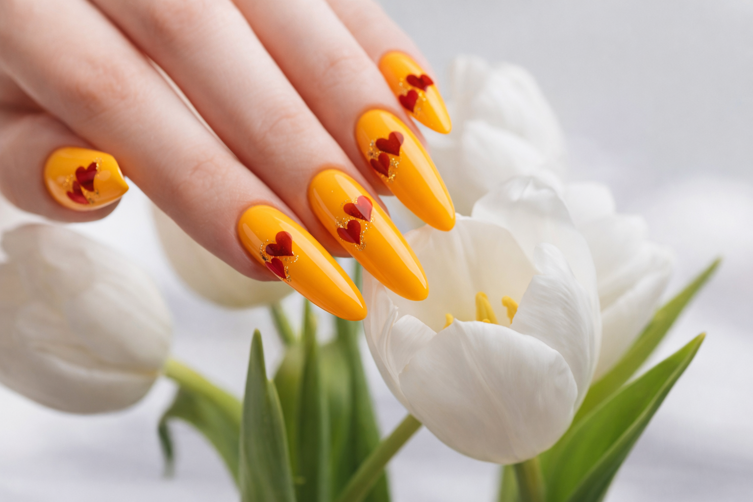 beautiful white woman hand with nail design in saffron and dark red, 2026 Spring Nail Colors for Brown Skin