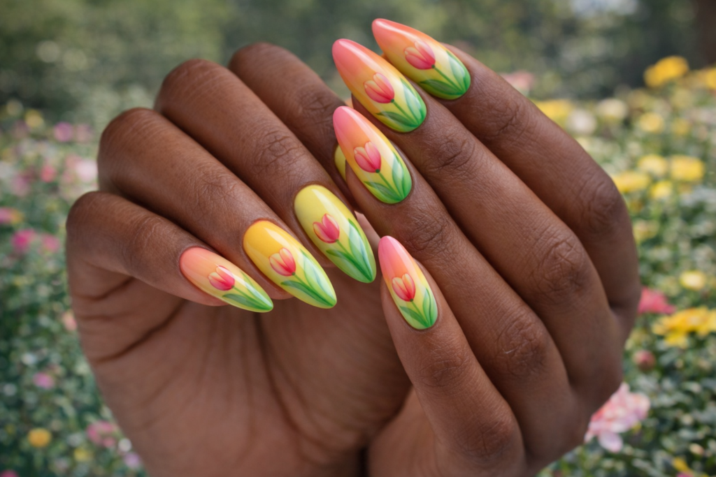 brown hands with beautiful tulip nail design and multi color nail color