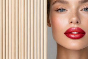 a beautiful white woman with blue eyes and Ombre lips behind wooden slats. Popular Shades of Glitter Lip Gloss on This Valentine's Day