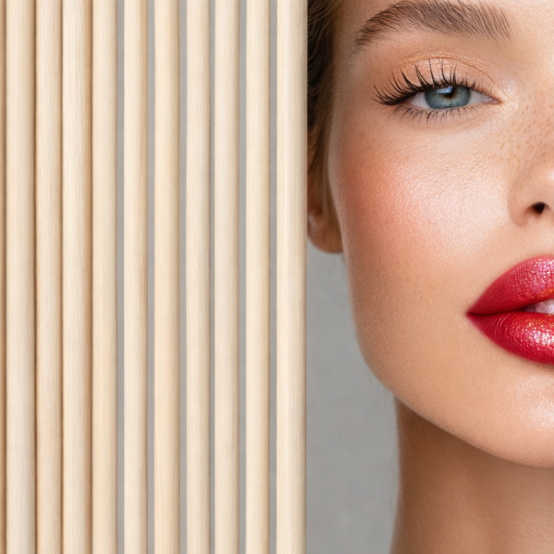 a beautiful white woman with blue eyes and Ombre lips behind wooden slats. Popular Shades of Glitter Lip Gloss on This Valentine's Day