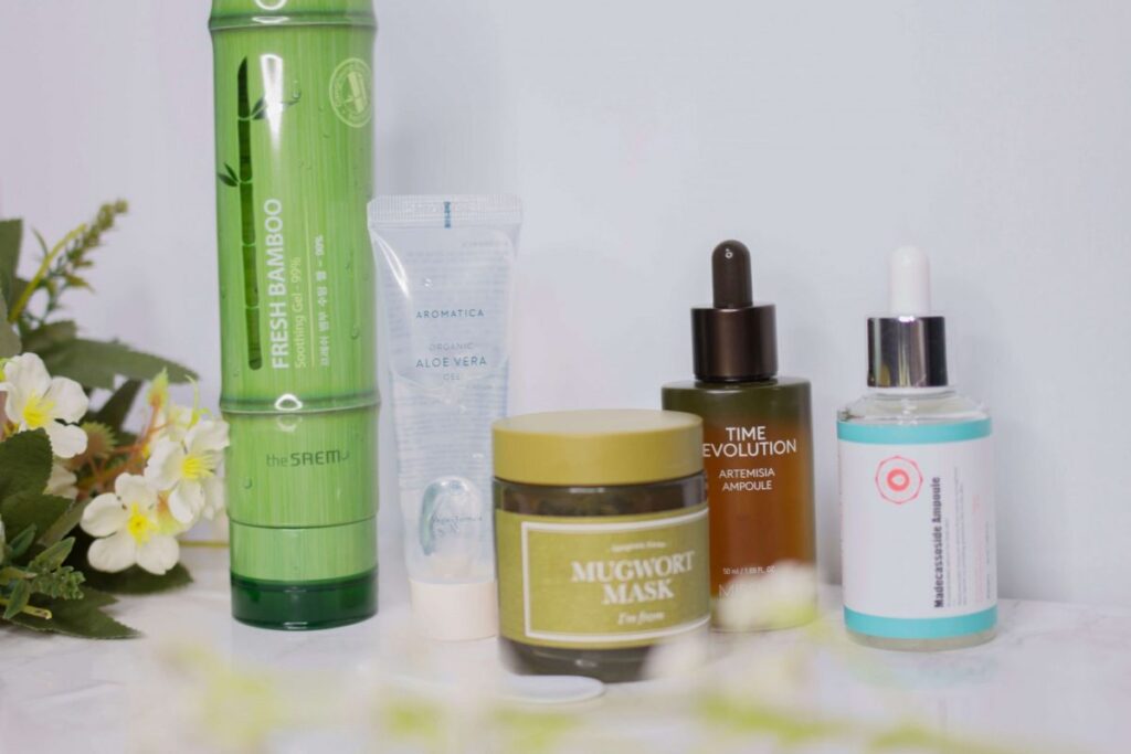 Korean skin care products with aloe vera, snail, bamboo extract