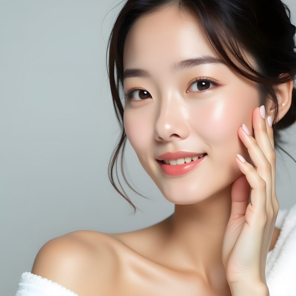 Radiant Woman Soft Skin Gentle Touch White Robe Grey Background, easy Korean Skincare Morning Routine to Get Glassy Skin