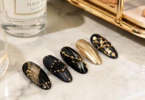 black and gold caviar nails